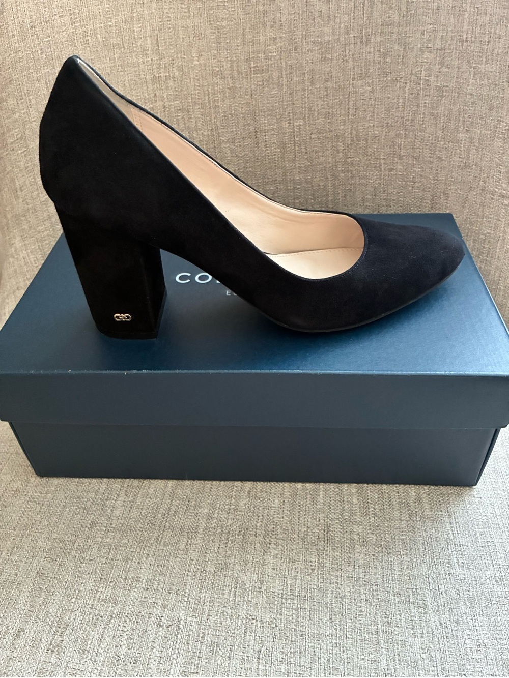 Cole Haan Alanna block heel pump in black suede. - Picture 2 of 11